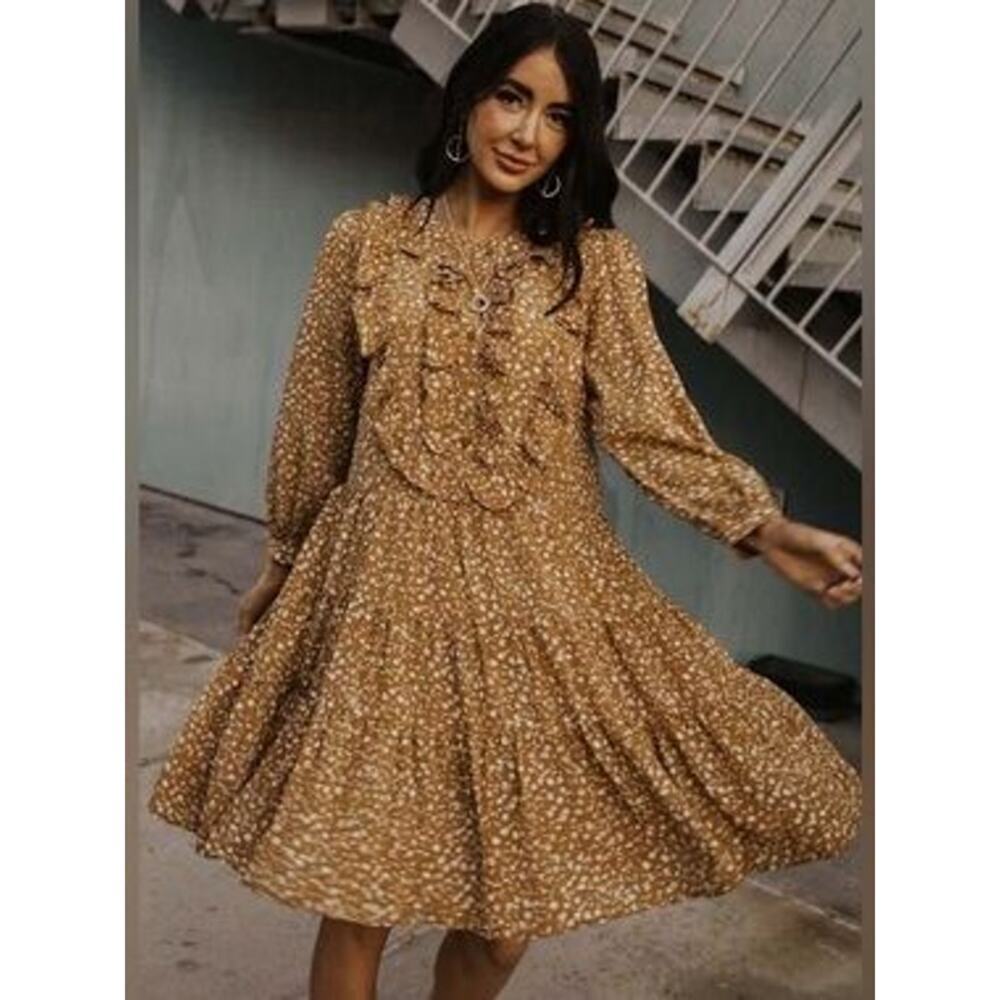 Bohme Floral Puff Sleeve Ruffle Mini Babydoll Dress Mustard Women's Size Small